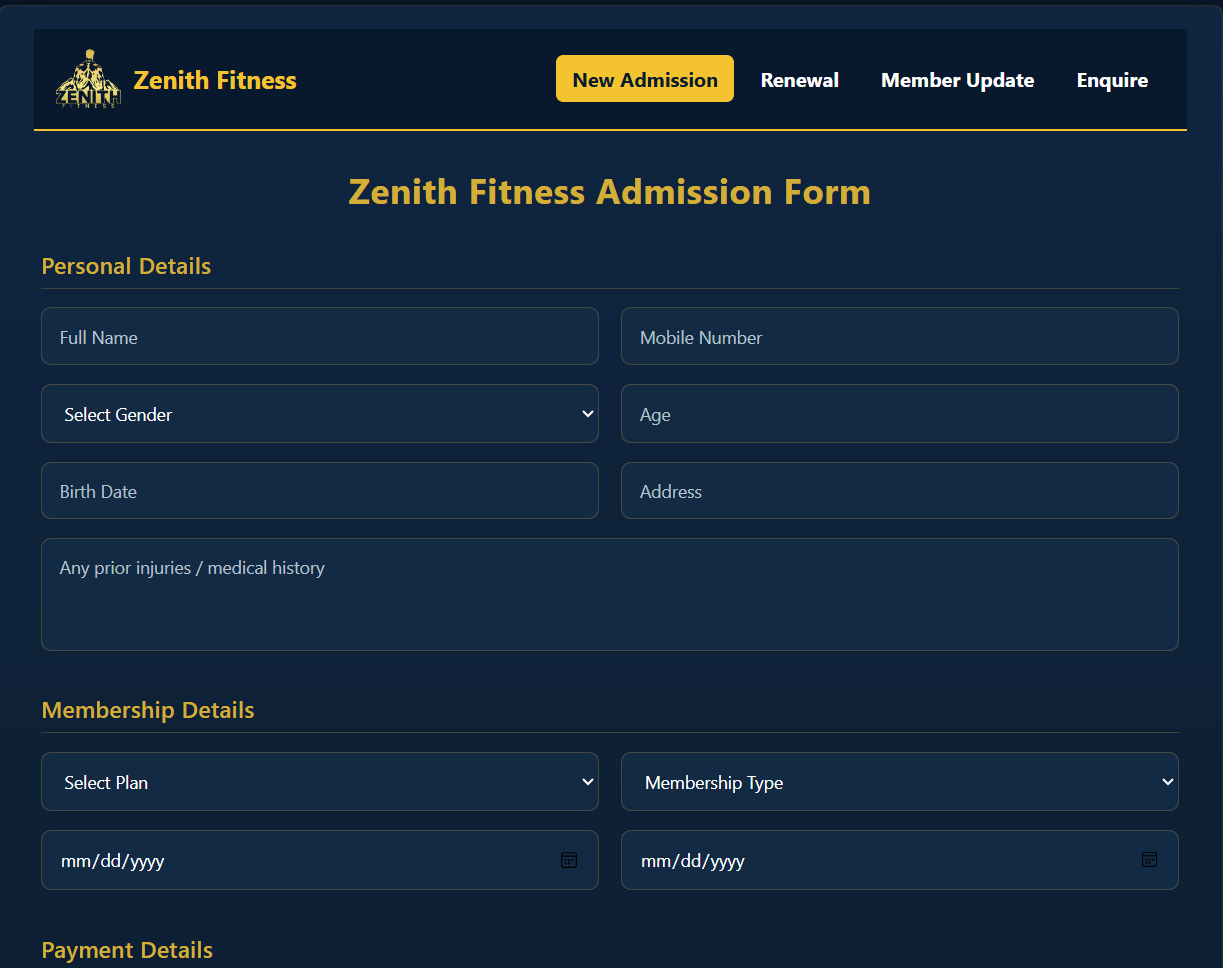 Zenith Fitness Management System screenshot