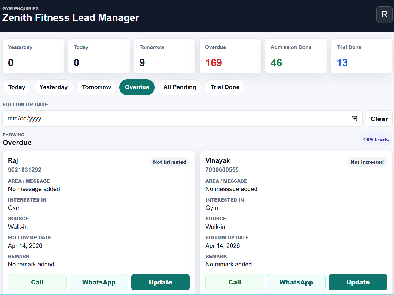 Zenith Fitness lead manager dashboard